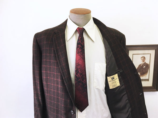 1950s 100% CASHMERE 3 Button Plaid Suit Jacket Men's Vintage Mad Men Era  Black, Brown & Red Blazer / Sport Coat by Carey - Size 44