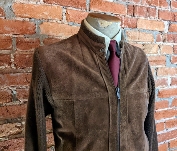 1980s Men's Suede Jacket Vintage Brown Suede Leather & Knit