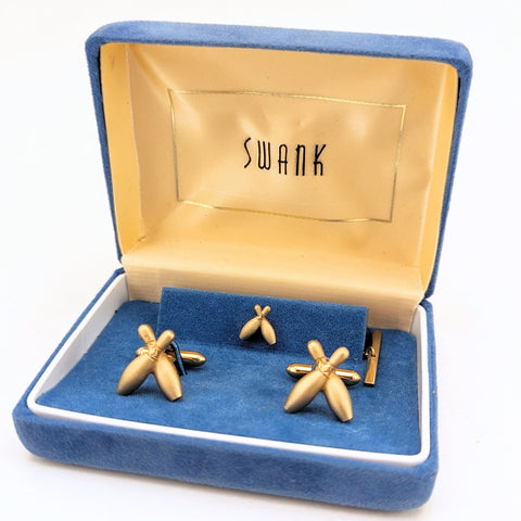 1960s SWANK Bowling Pin Cufflinks & Tie Pin Set Mid Century Vintage Gold Tone Metal Cuff links and Tie Tack by SWANK in Blue Velvet Box