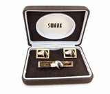 1950s SWANK Dog Cufflinks & Tie Clip Set Gold Tone Men's Vintage Cufflink Set with enameled metal Dalmation? Dogs by SWANK in Velvet Box