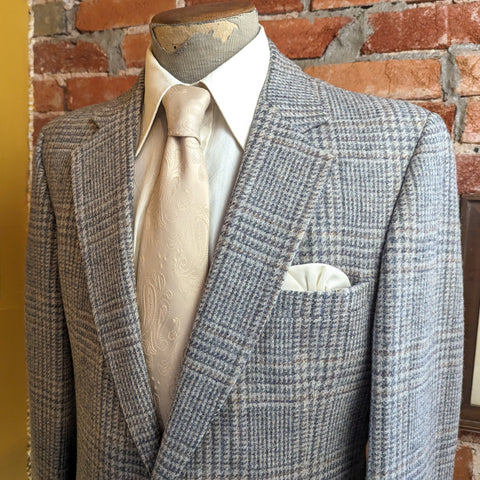 1970s Vintage Pure Wool Tweed Men's Suit Jacket Gray & Brown Plaid Houndstooth Blazer / Sport Coat by Stafford -Size 42 Long (LARGE)