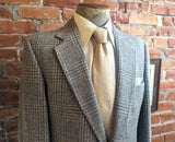 1970s Vintage Pure Wool Tweed Men's Suit Jacket Gray & Brown Plaid Houndstooth Blazer / Sport Coat by Stafford -Size 42 Long (LARGE)