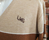 1970s Men's V-Neck Sweater Disco Era Vintage Tan & Brown Knit Acrylic Long Sleeve Pullover Sweater Made in U.S.A. by Puritan - Size LARGE
