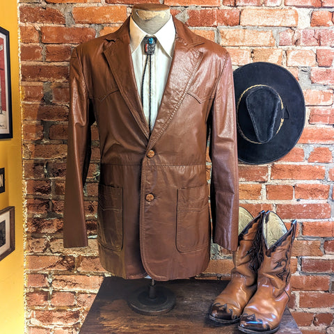 1970s Men's Western Leather Blazer Vintage 100% Leather Cowboy Style Sport Coat / Suit Jacket The Leather Shop at SEARS - Size 40 (MEDIUM)