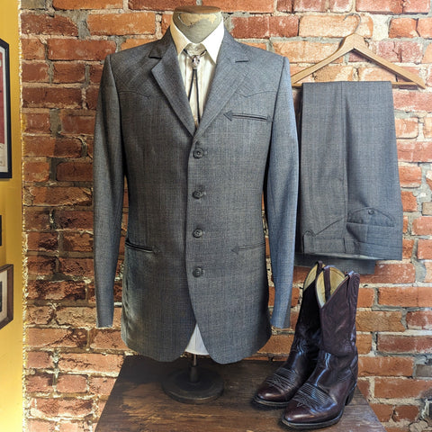 1970s 2 piece Western Wedding Suit Jacket & Pants Men's Vintage UNWORN Gray Plaid 5 Button Suit Colorado High by Farah - Size 40 L (MEDIUM)