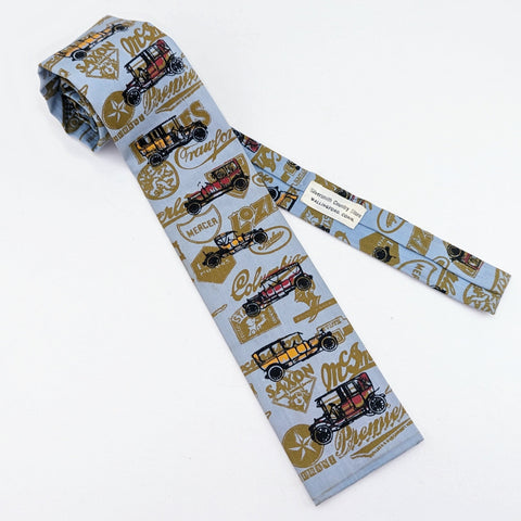 1950s ROOSTER Antique Car Necktie Vintage Square Bottom Men's All Cotton Necktie with Hand Printed Car Designs by Sun Fabrics