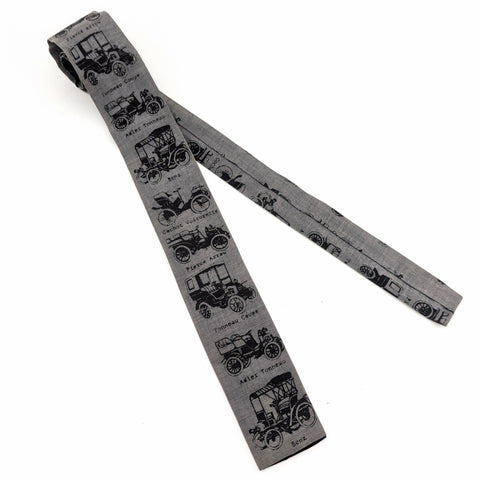 1950s ROOSTER Antique Car Necktie Vintage Square Bottom Men's All Cotton Skinny Necktie with Hand Printed Early Automobile Designs