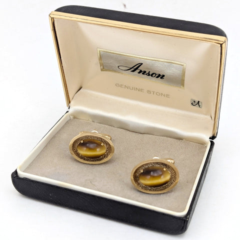 1960s Tiger eye Cufflinks Set Gold Tone Mad Men Era Men's Vintage Cufflink Set with Tiger's eye stones in box by ANSON
