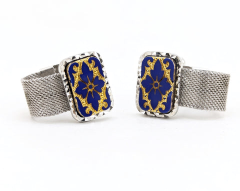 1960s Modernist Cufflinks Set Huge Mad Men Era Silver Tone Metal Mesh Wrap-a-round Cufflinks with Blue and Gold Carved Glass Slab Faces