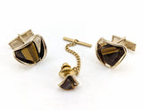 1960s Tiger eye Cufflinks & Tie Tack / Tie Pin Set Gold Tone Mid-Century Modern Men's Vintage Cufflink Set with Natural Tiger's eye stones