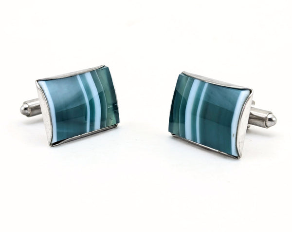 1960s Modernist Cufflinks Set Huge Mad Men Era Silver Tone Metal Cufflinks with Rectangular Blue Green Striped Glass Faces