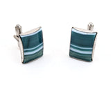 1960s Modernist Cufflinks Set Huge Mad Men Era Silver Tone Metal Cufflinks with Rectangular Blue Green Striped Glass Faces