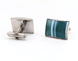 1960s Modernist Cufflinks Set Huge Mad Men Era Silver Tone Metal Cufflinks with Rectangular Blue Green Striped Glass Faces