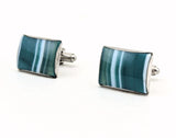 1960s Modernist Cufflinks Set Huge Mad Men Era Silver Tone Metal Cufflinks with Rectangular Blue Green Striped Glass Faces