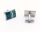 1960s Modernist Cufflinks Set Huge Mad Men Era Silver Tone Metal Cufflinks with Rectangular Blue Green Striped Glass Faces