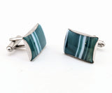 1960s Modernist Cufflinks Set Huge Mad Men Era Silver Tone Metal Cufflinks with Rectangular Blue Green Striped Glass Faces