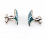 1960s Modernist Cufflinks Set Huge Mad Men Era Silver Tone Metal Cufflinks with Rectangular Blue Green Striped Glass Faces