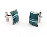 1960s Modernist Cufflinks Set Huge Mad Men Era Silver Tone Metal Cufflinks with Rectangular Blue Green Striped Glass Faces