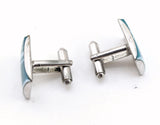 1960s Modernist Cufflinks Set Huge Mad Men Era Silver Tone Metal Cufflinks with Rectangular Blue Green Striped Glass Faces