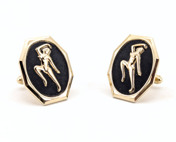 1950s Risqué Nude Lady Cufflinks Men's Vintage Gold Tone Metal Cufflink Set with Naked Woman Figure Mad Men Era Rockabilly Pin-up