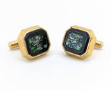 1960s Modernist Cufflinks Set Mad Men Era Gold Tone Metal Cufflinks with Black & Green Dichroic Glass "Stones" by Destino