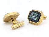 1960s Modernist Cufflinks Set Mad Men Era Gold Tone Metal Cufflinks with Black & Green Dichroic Glass "Stones" by Destino