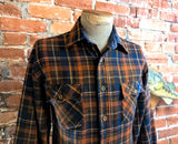 1970s Men's JCPenney Western Style 100% Acrylic Brown & Blue Plaid Flannel Shirt Vintage Long Sleeve Shirt - Size MEDIUM