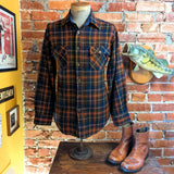 1970s Men's JCPenney Western Style 100% Acrylic Brown & Blue Plaid Flannel Shirt Vintage Long Sleeve Shirt - Size MEDIUM