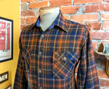 1970s Men's JCPenney Western Style 100% Acrylic Brown & Blue Plaid Flannel Shirt Vintage Long Sleeve Shirt - Size MEDIUM