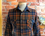 1970s Men's JCPenney Western Style 100% Acrylic Brown & Blue Plaid Flannel Shirt Vintage Long Sleeve Shirt - Size MEDIUM