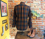 1970s Men's JCPenney Western Style 100% Acrylic Brown & Blue Plaid Flannel Shirt Vintage Long Sleeve Shirt - Size MEDIUM