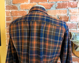 1970s Men's JCPenney Western Style 100% Acrylic Brown & Blue Plaid Flannel Shirt Vintage Long Sleeve Shirt - Size MEDIUM