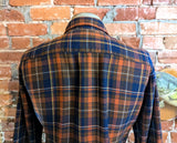 1970s Men's JCPenney Western Style 100% Acrylic Brown & Blue Plaid Flannel Shirt Vintage Long Sleeve Shirt - Size MEDIUM