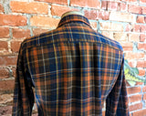 1970s Men's JCPenney Western Style 100% Acrylic Brown & Blue Plaid Flannel Shirt Vintage Long Sleeve Shirt - Size MEDIUM