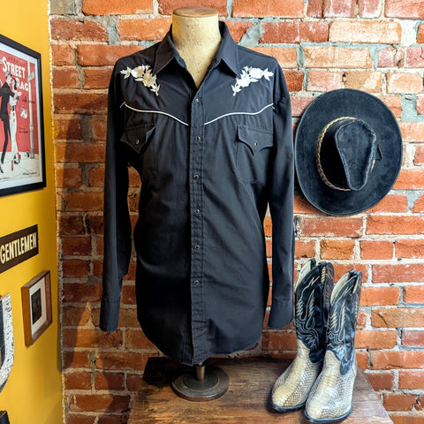 1980s Vintage Black Western Shirt Men's Cowboy Style White Embroidered Roses Long Sleeve Shirt with Black Snaps by ELY Cattleman - Size XXL