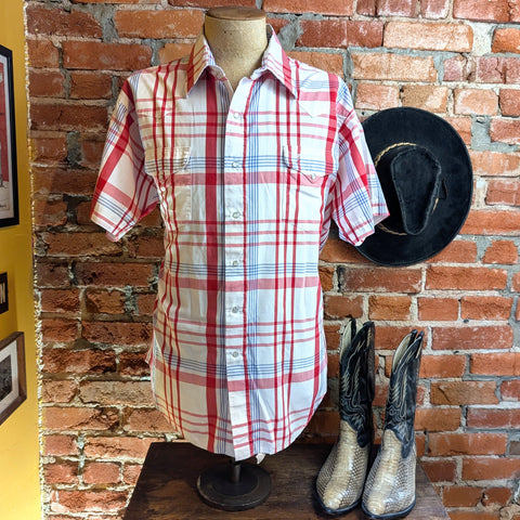 1980s Vintage Flying R Ranchwear Red, White & Blue Plaid Western Shirt Men's Cowboy Style Short Sleeve Pearl Snap Shirt by Ruddock - Size XL